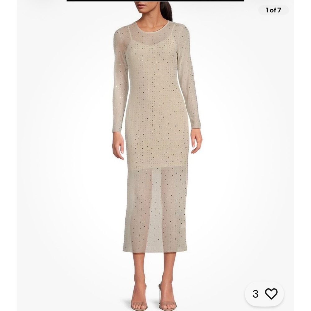 NWT Gianni Bini Nude Rhinestone Mesh Maxi Dress Long Sleeve‎ Tan Beige Size M